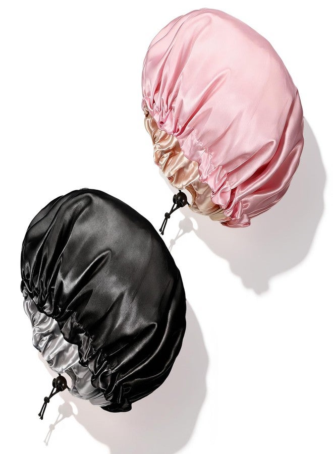Molain 2Pcs Shower Cap for Women, Adjustable Reusable Extra Large Double-Layer Waterproof Lining for All Hair Lengths Black and Pink - Image 1